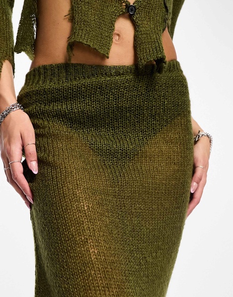 COLLUSION open stitch knitted midi skirt with asymmetric hem in khaki - part of a set