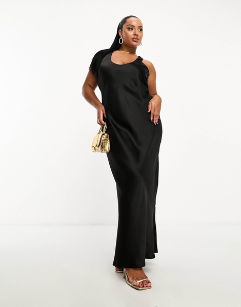 River Island Plus satin maxi dress in black