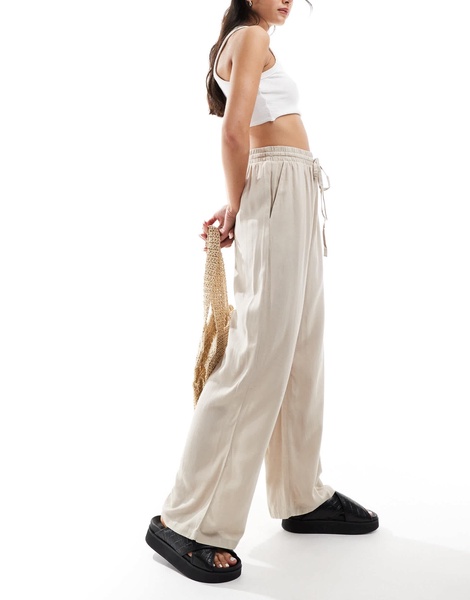 Vila linen mix tie waist wide leg pants in stone