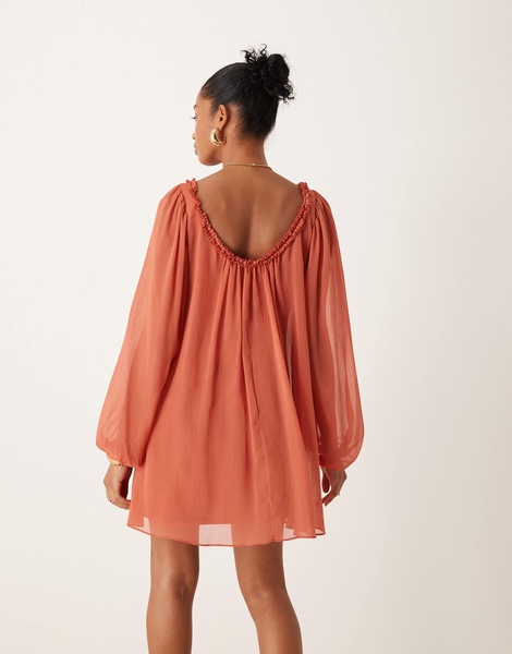 ASOS DESIGN ruffle neck mini smock dress in rust