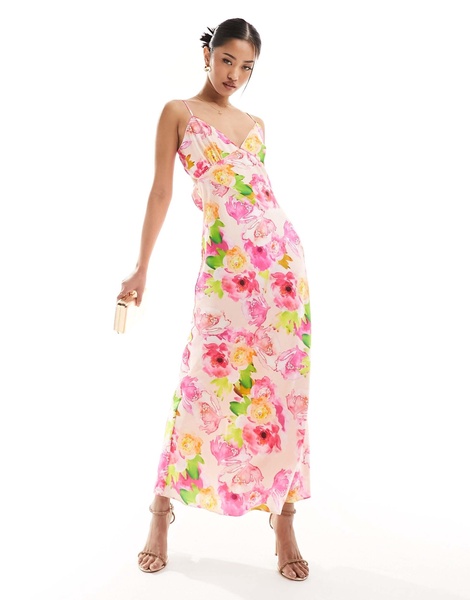 Bardot satin slip midi dress in pink floral