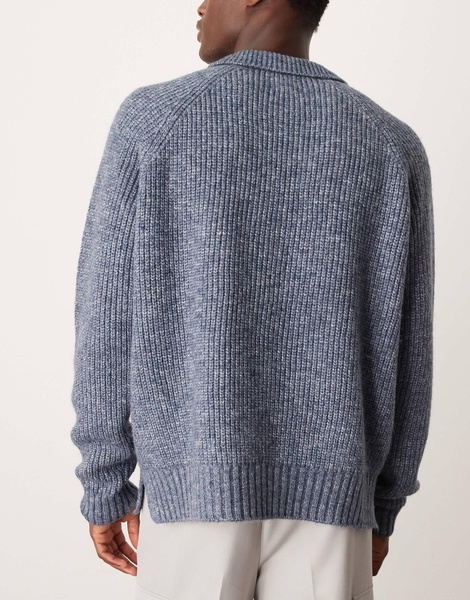 ASOS DESIGN oversized boxy fit heavyweight knitted wool mix cable sweater with collar in blue heather