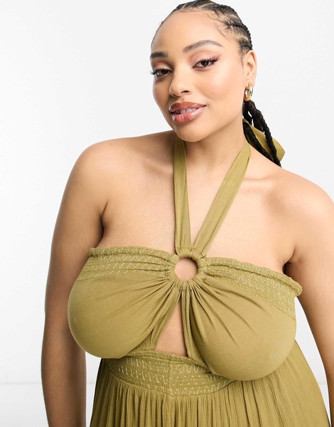 River Island Plus bandeau halterneck beach jumpsuit in khaki