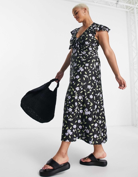 River Island Plus floral midi dress in black