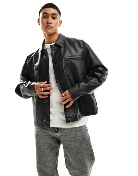 ASOS DESIGN faux leather oversized harrington jacket with zip detail in black