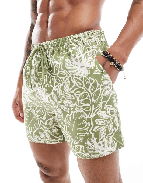 South Beach leaf print swim shorts in olive