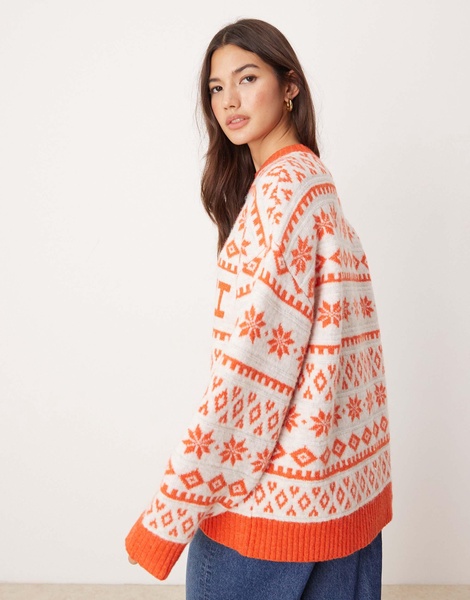 ASOS DESIGN oversized crew neck apres ski sweater with fairisle pattern in red