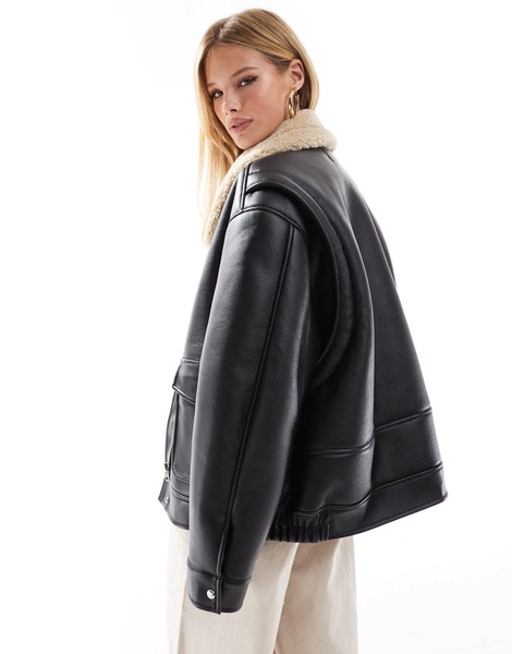 ASOS DESIGN borg collar oversized flight jacket in black