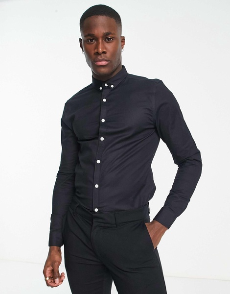 New Look smart long sleeve muscle fit oxford shirt in black