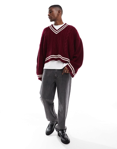 ASOS DESIGN knitted extreme oversized cropped v neck sweater in burgundy with tipping