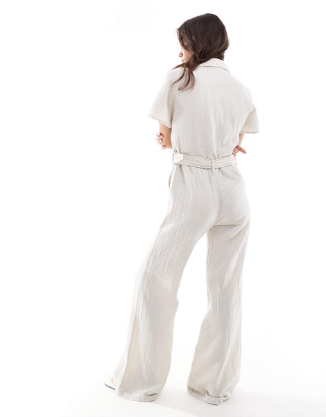 Mango belted short sleeve jumpsuit in light beige