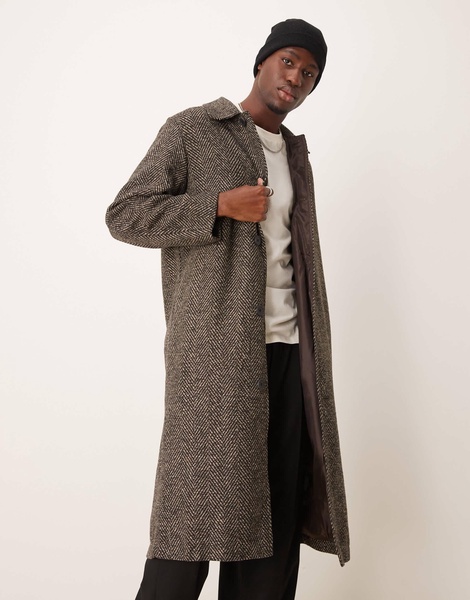 ASOS DESIGN wool look herringbone car coat in brown