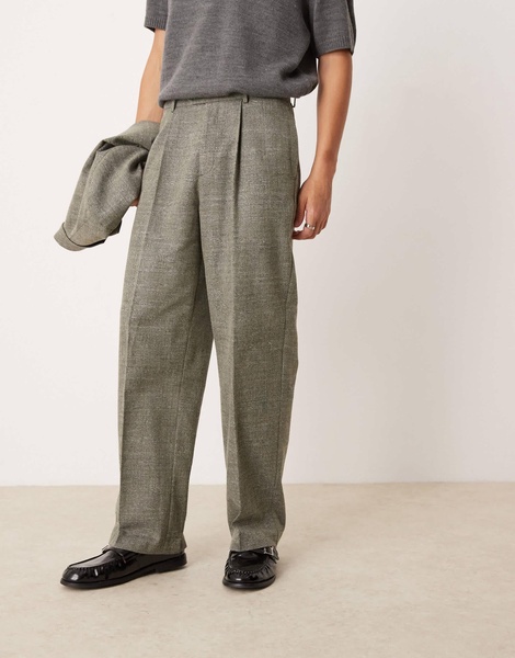 ASOS DESIGN high waist wide leg front pleat suit pants in green tweed