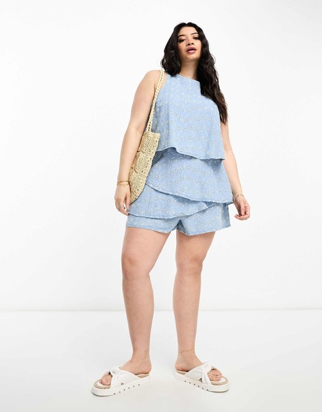 River Island Plus denim eyelet romper in light wash