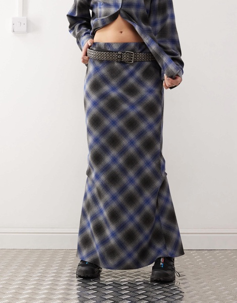 COLLUSION slip maxi skirt in gray and blue check