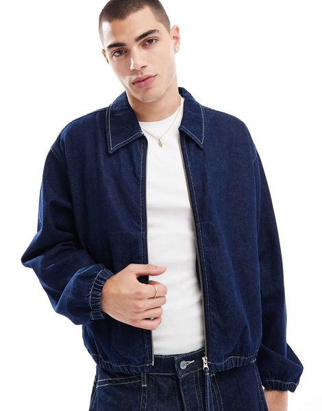 ASOS DESIGN cropped raw denim harrington jacket with contrast stitch