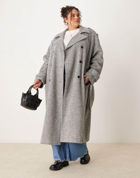 ASOS DESIGN Curve formal faux wool trench coat in salt and pepper