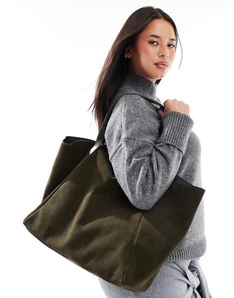 ASOS DESIGN suede winged tote bag in forest green with leather straps