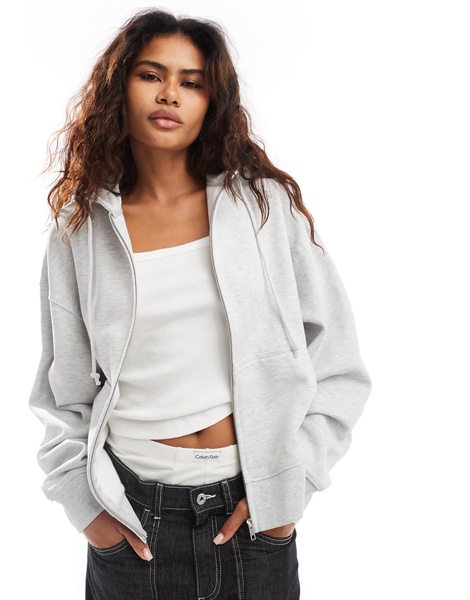 COLLUSION zip through boxy hoodie in gray heather