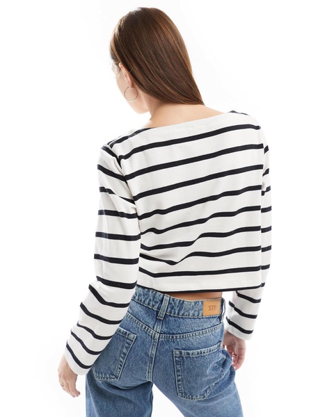 Cotton On boat neck long sleeve crop top in monochrome stripe