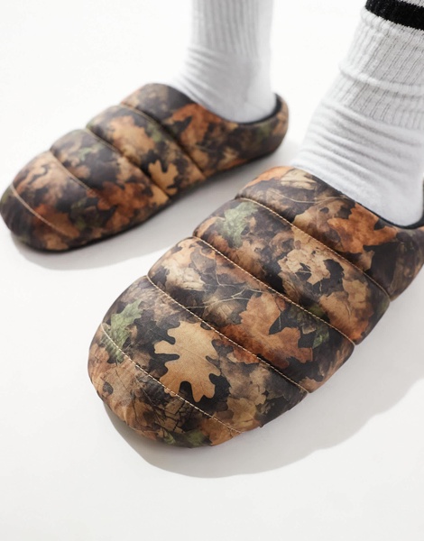 ASOS DESIGN puffer slippers in real tree print