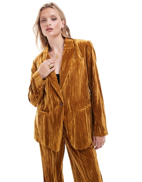 ASOS DESIGN crinkle velvet blazer in gold - part of a set