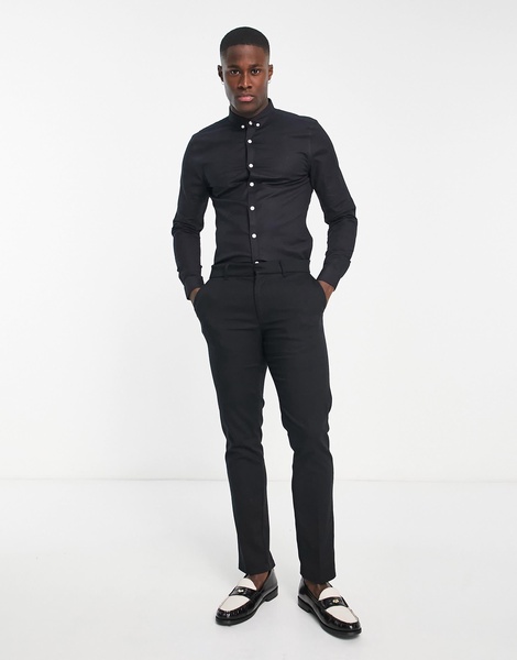 New Look smart long sleeve muscle fit oxford shirt in black