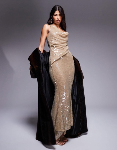 ASOS DESIGN chainmail sequin asymmetric draped dress maxi dress in gold