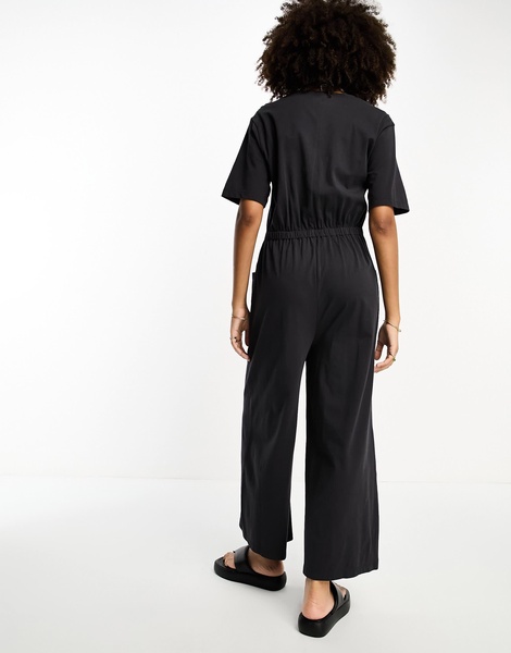 ASOS DESIGN jersey button front chuck on jumpsuit in washed black