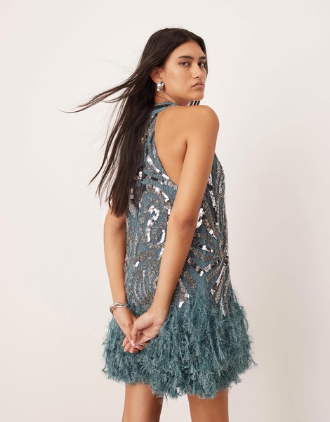 ASOS EDITION embellished plunge neck mini dress with faux feather hem in blue