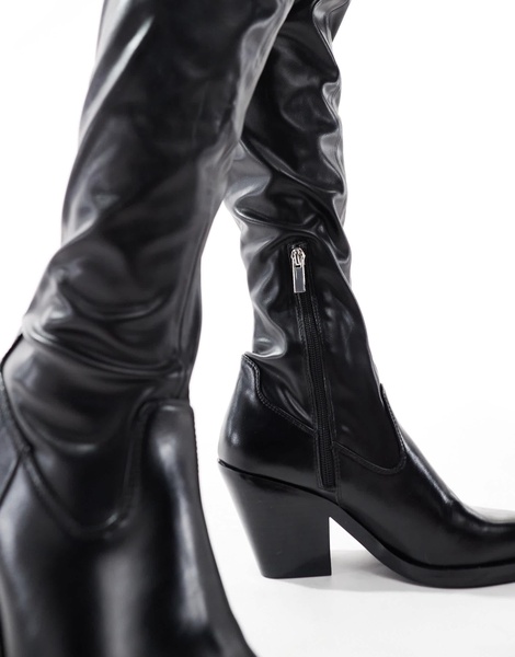 Bershka over the knee faux leather heeled boots in black