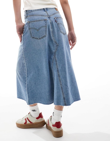 Levi's high rise a-line deconstructed long denim skirt in mid blue