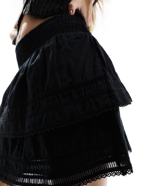 Cotton On mini boho tiered skirt with lace trim in black