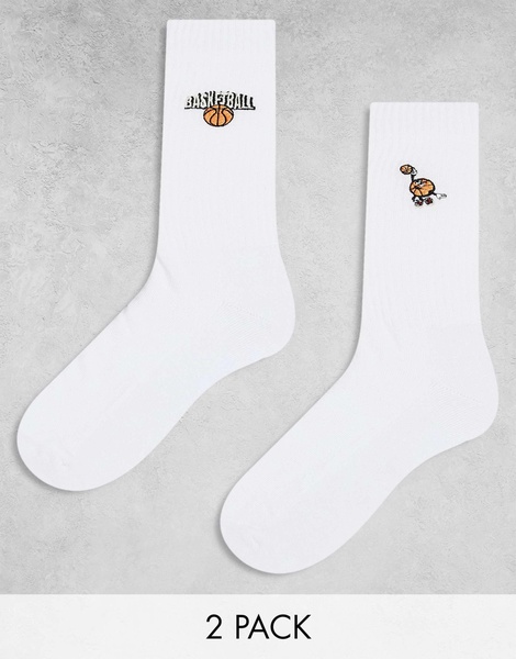 ASOS DESIGN 2 pack sock with basketball embroidery in white