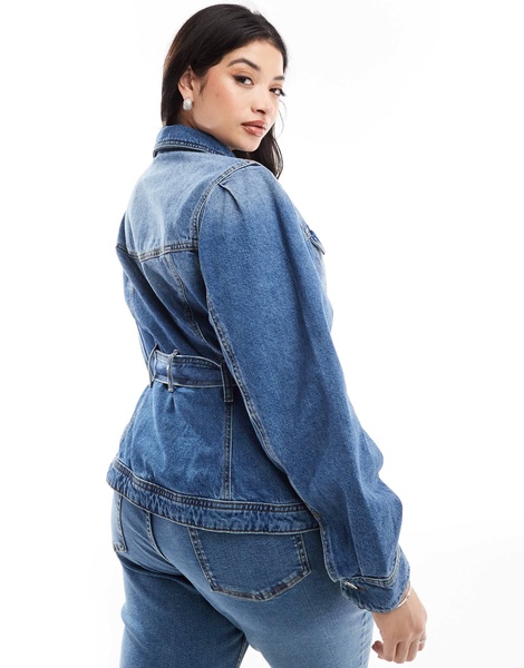 River Island Plus denim jacket with belted waist detail in blue