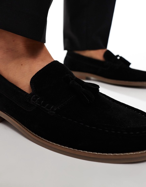 ASOS DESIGN tassel loafers in black suede with natural sole