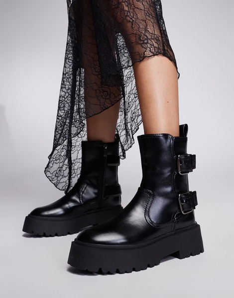 River Island chunky biker boot in black