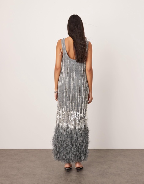 ASOS EDITION scoop neck embellished tassel midi dress with faux feather hem in silver gray