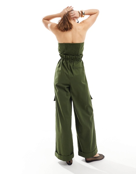 ASOS DESIGN bandeau paper bag waist utility jumpsuit in khaki