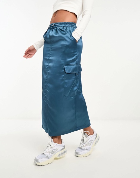 River Island satin cargo midi skirt in mid blue