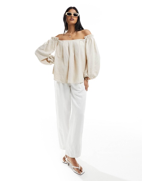 ASOS DESIGN linen look off-shoulder pleated top in natural