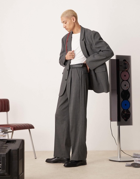 ASOS DESIGN high waisted wide leg suit pants in charcoal herringbone