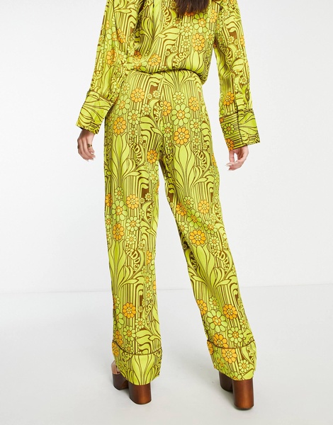 Damson Madder poly satin pants in retro yellow floral - part of a set