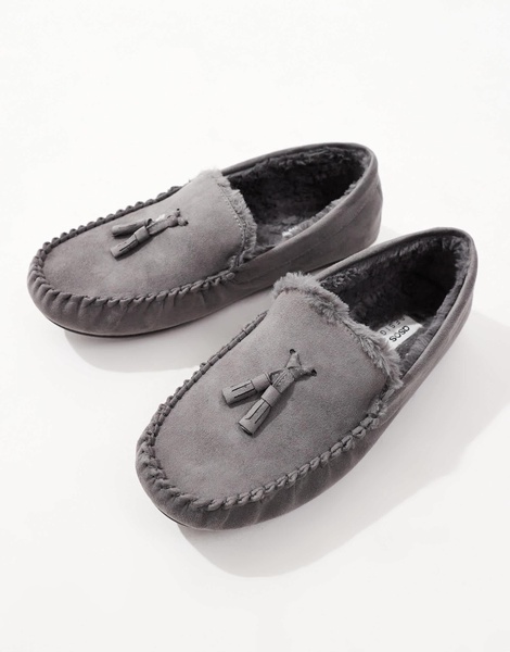 ASOS DESIGN moccasin slippers in gray with faux fur lining