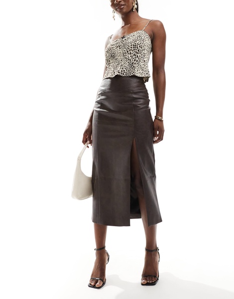 Bardot faux leather midi skirt in dark chocolate