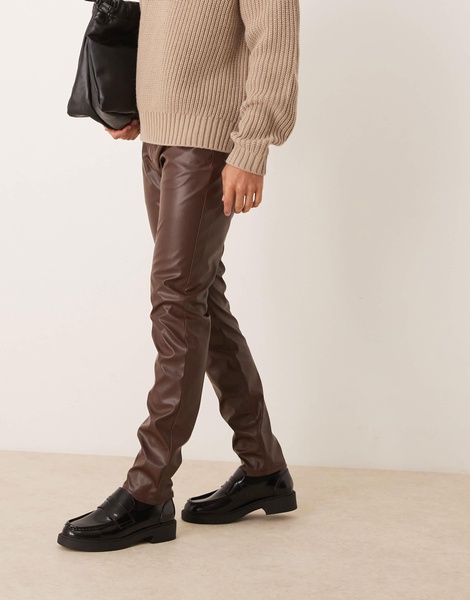 ASOS DESIGN skinny faux leather pants in brown