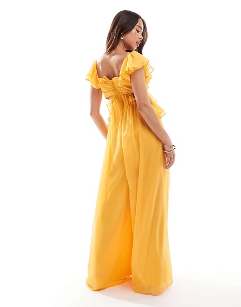 ASOS DESIGN ruffle off the shoulder cut out wide leg jumpsuit in mustard