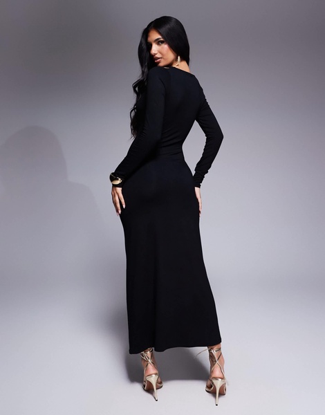 ASOS DESIGN cowl neck long sleeve midi dress with cut outs in black