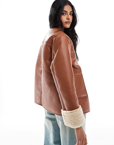 ASOS DESIGN collarless borg bonded jacket in tan