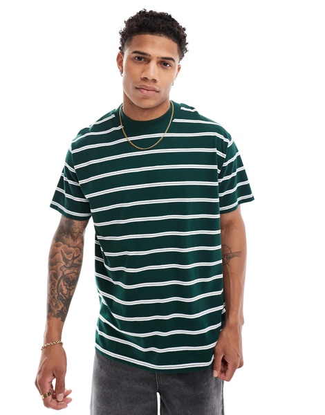 Brave Soul oversized high neck striped T-shirt in dark green & white